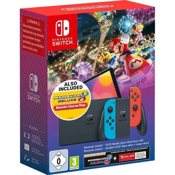 Consola NINTENDO Switch OLED (Joy-Con Neon Red/Neon Blue) + Mario Kart 8 Deluxe Booster Course Pass