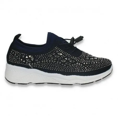 Pantofi pentru fetite, cu strasuri, tip soseta, bleumarin - W966