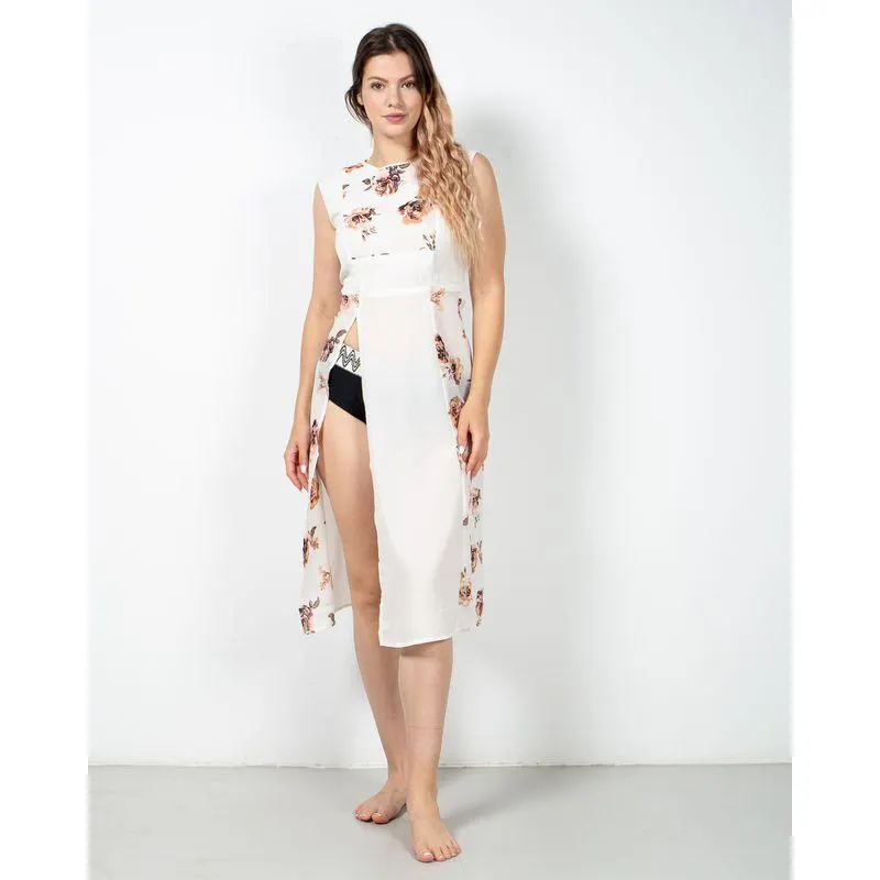 Bluza lunga cu fanta laterala si imprimeu floral N230529023