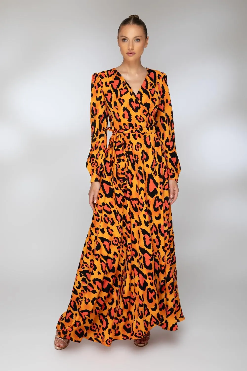 Rochie lunga portocalie petrecuta animal print