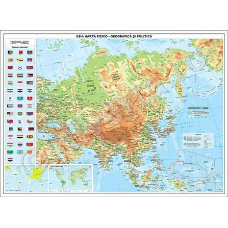 ASIA, harta de perete fizica-geografica si politica, 70x100cm, laminata, baghete
