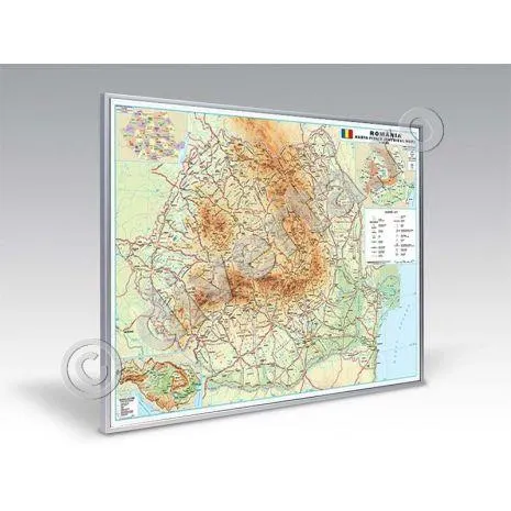 ROMANIA, harta inramata(rama aluminiu cu suport foamboard/pluta si agatatori), fizica-geografica, 70x100cm, scara 1:800.000