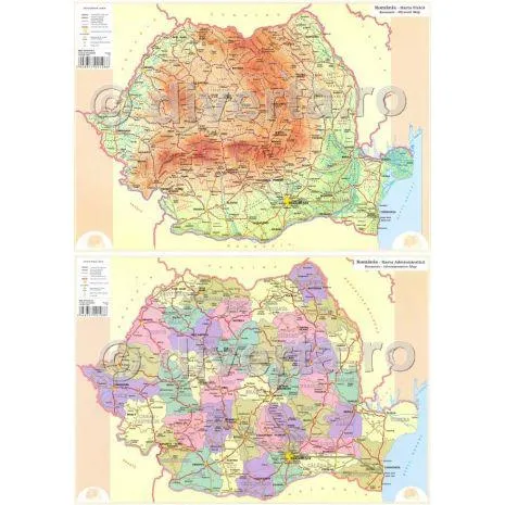ROMANIA DUO A3, harta de birou / perete fizica geografica (fata) + administrativa (verso), A3, 29.70x42 cm, laminata
