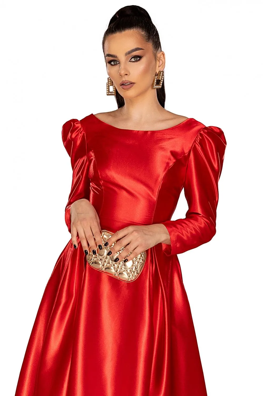 Rochie midi rosie baby doll din tafta