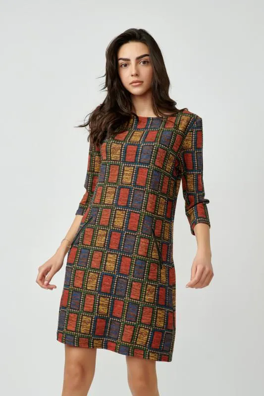 Rochie tricotata cu buzunare imprimata de zi