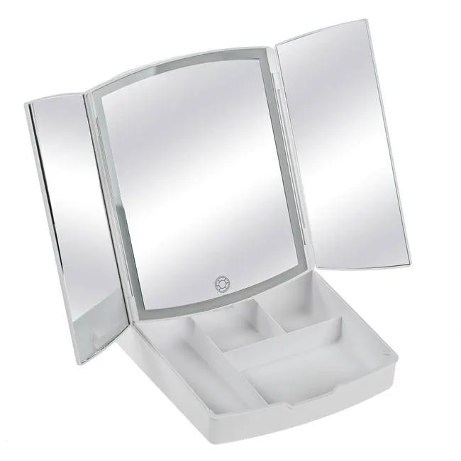 Oglinda Tripla Pliabila Alba pentru Machiaj cu 72 de Becuri LED USB & Compartimente 20x22x26cm