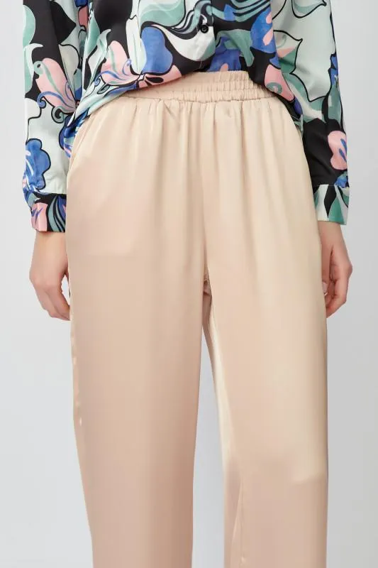 Pantaloni dama de vara bej din satin cu buzunare laterale
