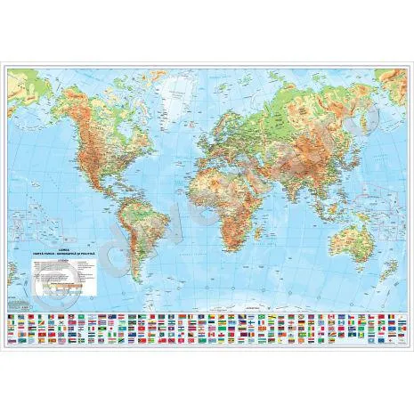LUMEA, harta de perete fizica-geografica si politica, 70x100cm, scara 1:42.000.000, laminata, baghete