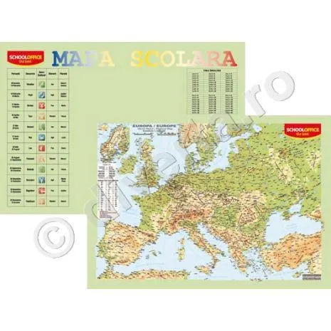 EUROPA FIZICA GEOGRAFICA SI POLITICA, harta de perete (fata)+TABLA INMULTIRII / IMPARTIRII / ZODIAC (verso), 40x60cm, laminata, baghete-PLANSA DUO 40x60 cm