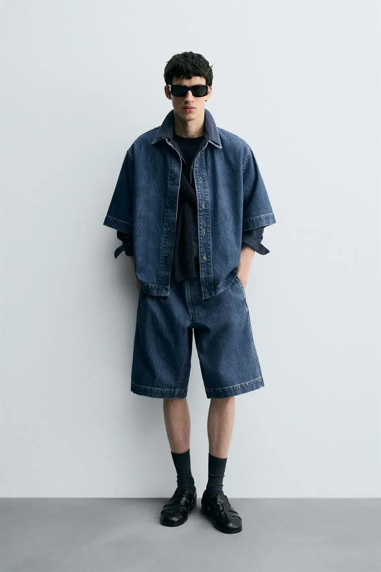 BERMUDE DENIM RELAXED FIT CU PLIURI