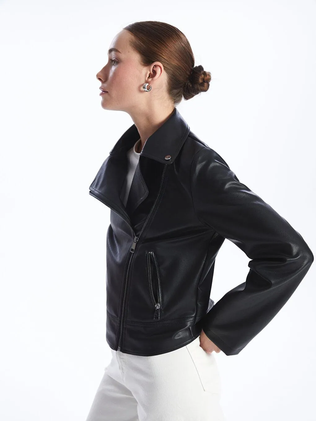 Palton Pentru Femei ,Cu Aspect De Piele,Cu Mânecă Lungă Şi Cu Guler Biker