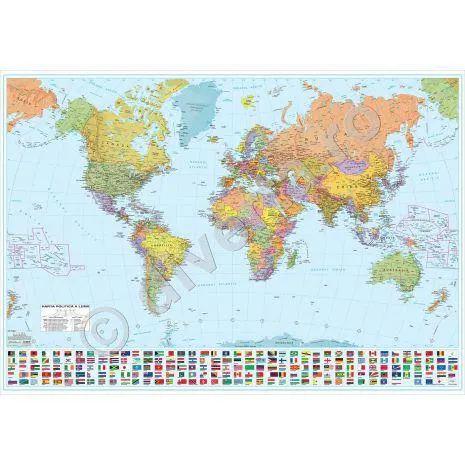 LUMEA, harta de perete politica, 100x140 cm, scara 1:21.300.000, laminata, baghete