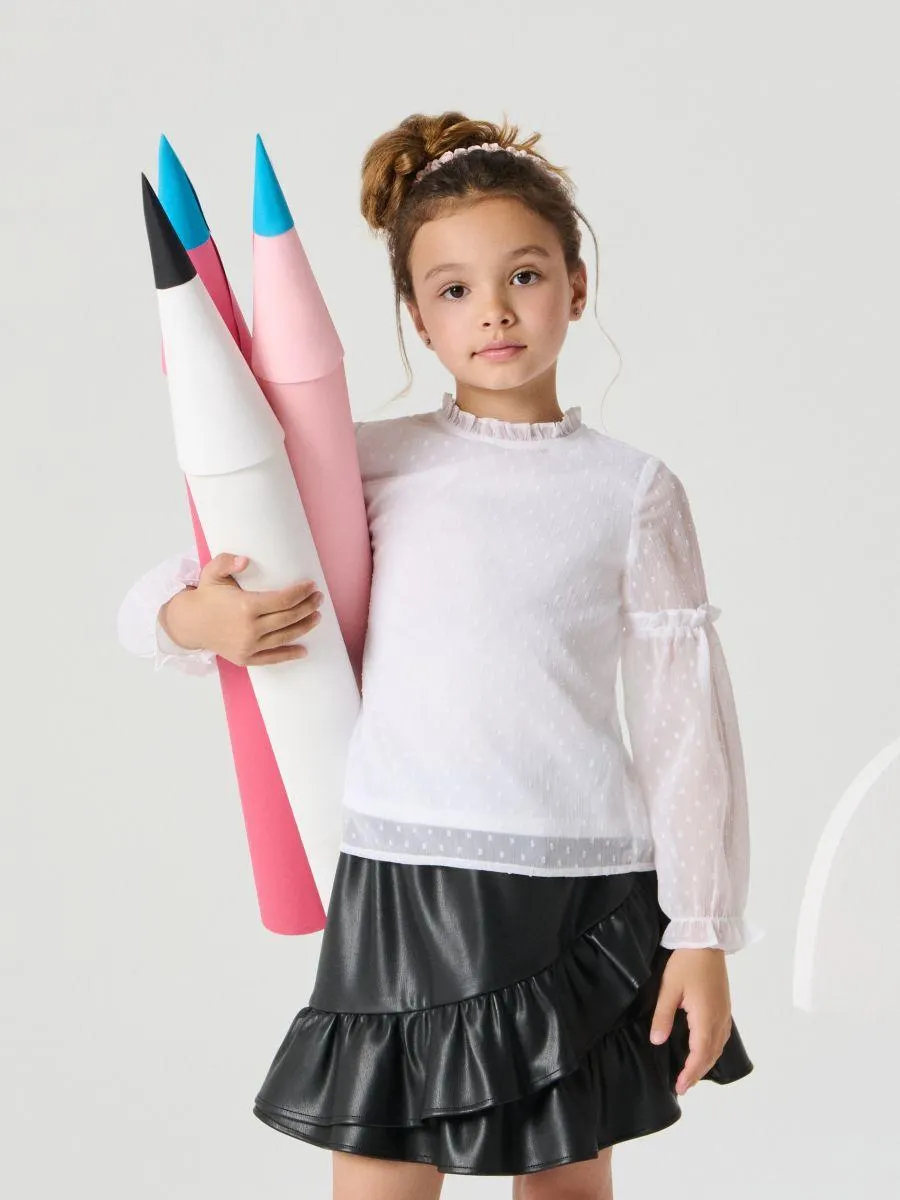 Bluză cu mâneci din tul și guler înalt