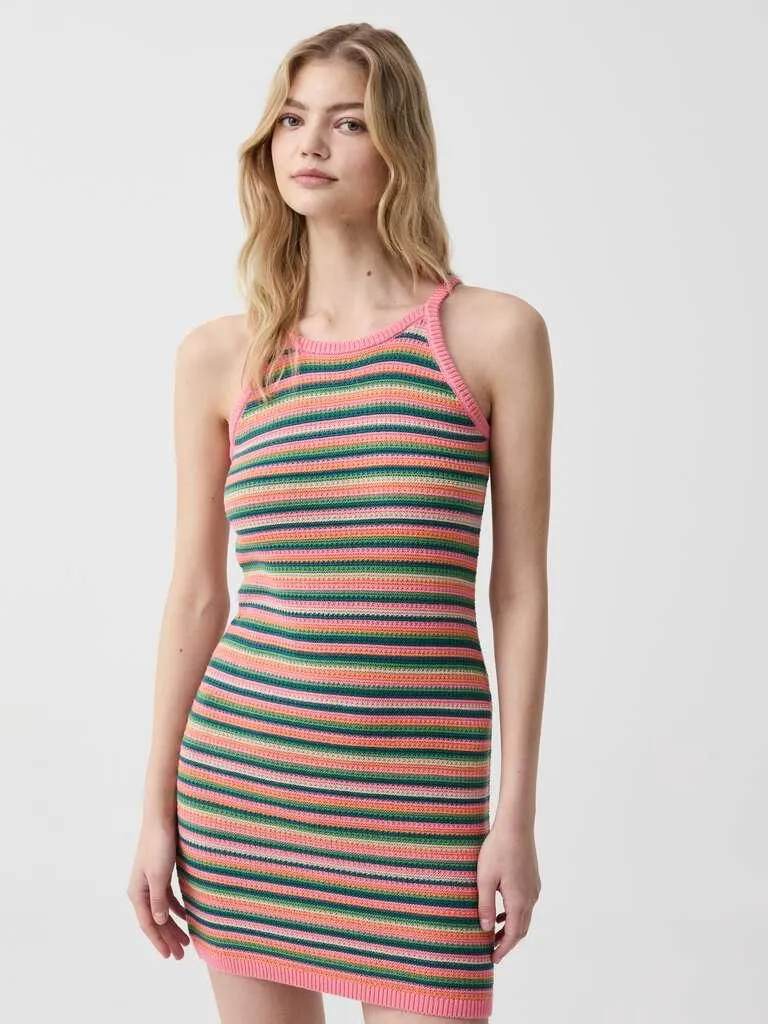 Striped crochet cotton dress Rose/vert