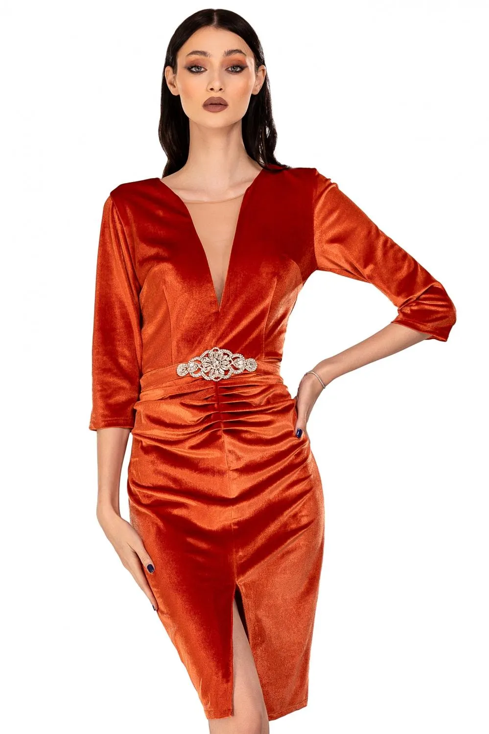 Rochie trei sferturi din catifea caramizie