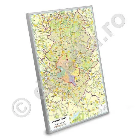 ILFOV UAT - JUDET SI ZONE LIMITROFE, HARTA MAGNETICA INRAMATA 100x140 cm, rama aluminiu cu suport magnetic si agatatori, administrativa, rutiera