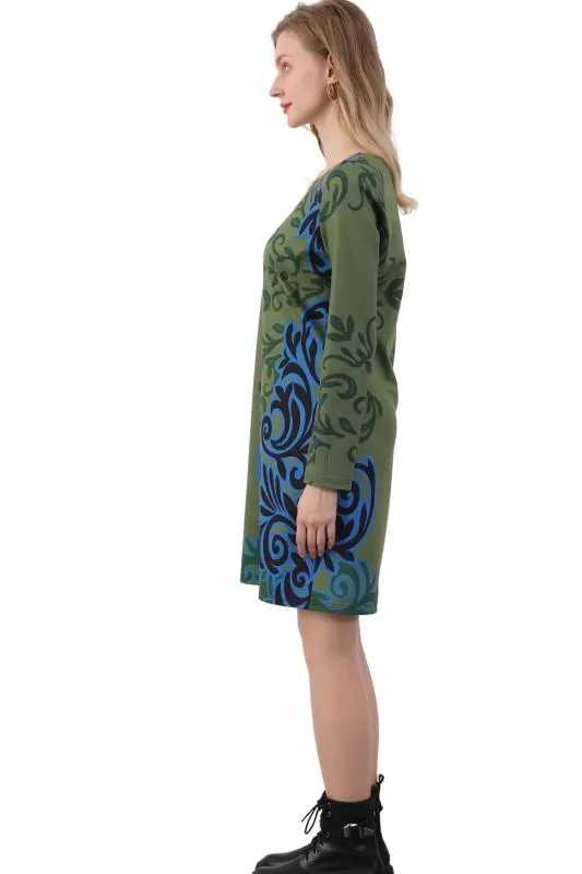 Rochie de zi dreapta din tricot verde imprimat