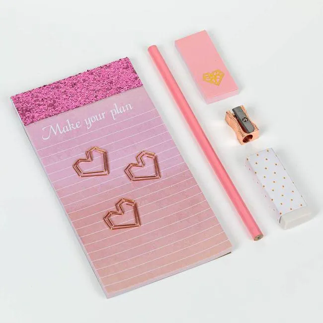 Set Scolari Fuchsia Glitter cu Radiera pentru Creion Agrafe & Carnetel Notite - 8 piese