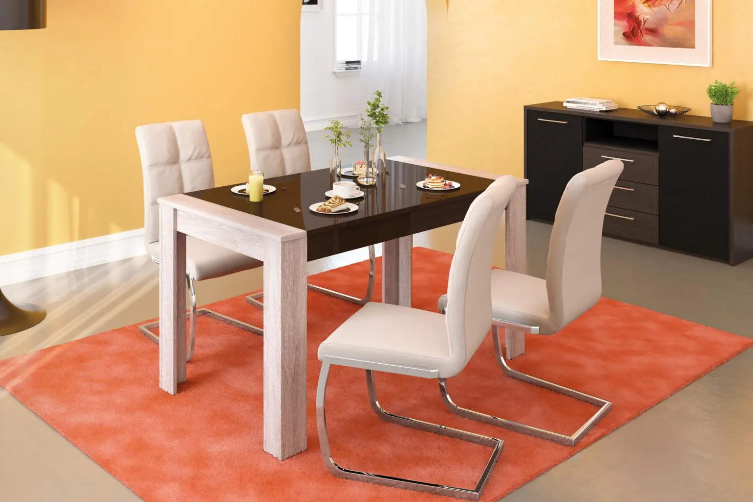 Masă Zeppelin L140 cm blat super lucios și 4 scaune Zaro
