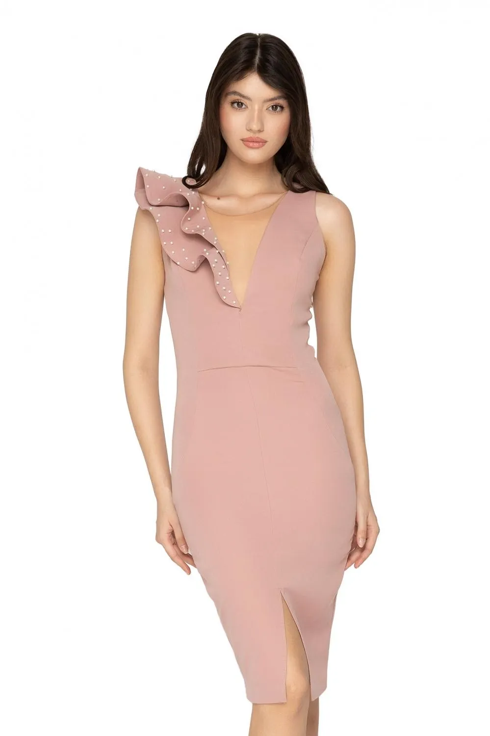 Rochie trei sferturi roz prafuit cu perle