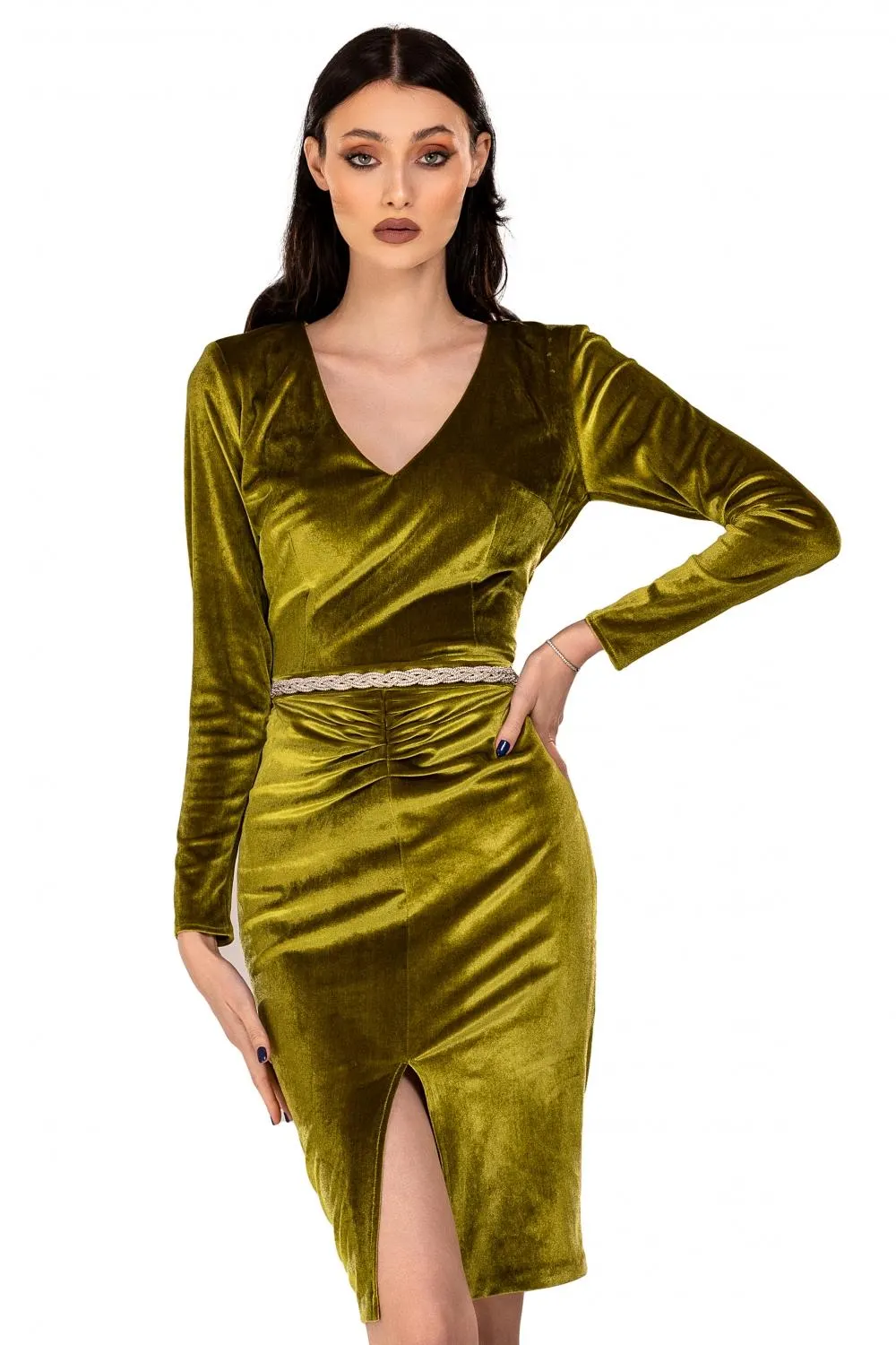 Rochie trei sferturi din catifea olive