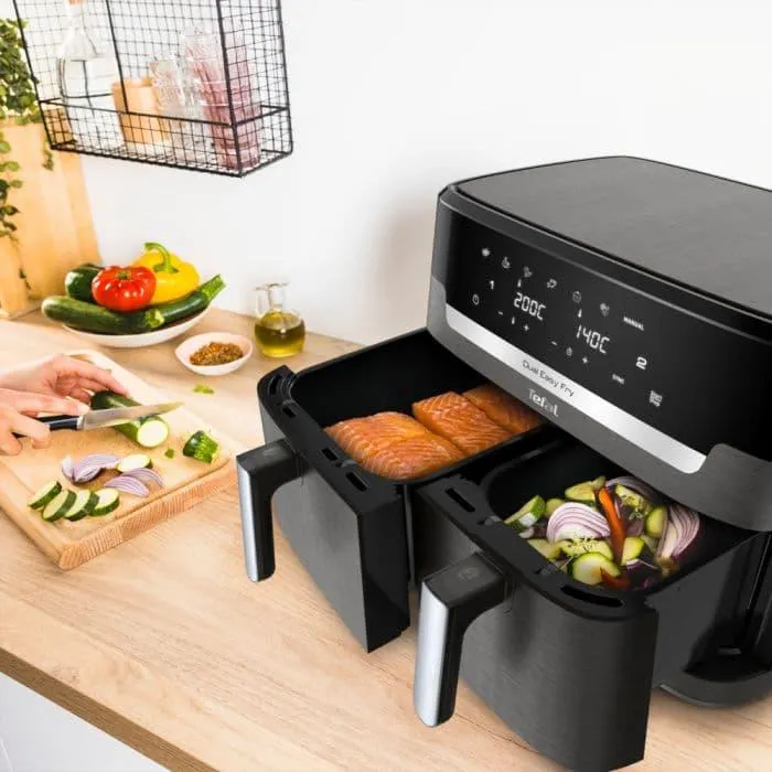 Friteuza cu aer cald Tefal XXL Dual Easy Fry EY942HE0, 11 l, 2 cosuri, 7 programe presetate, Retete incluse, Ecran LCD, Aplicatie MyTefal