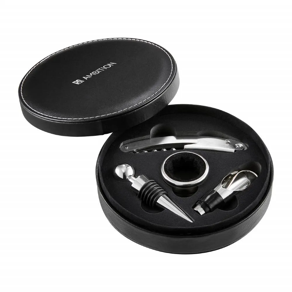 Set accesorii servire vin Ambition Bolero, 4 piese, cutie piele, Negru/Argintiu