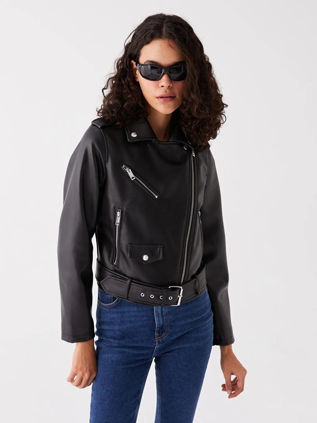 Palton Pentru Femei ,Cu Aspect De Piele,Cu Mânecă Lungă Şi Cu Guler Biker