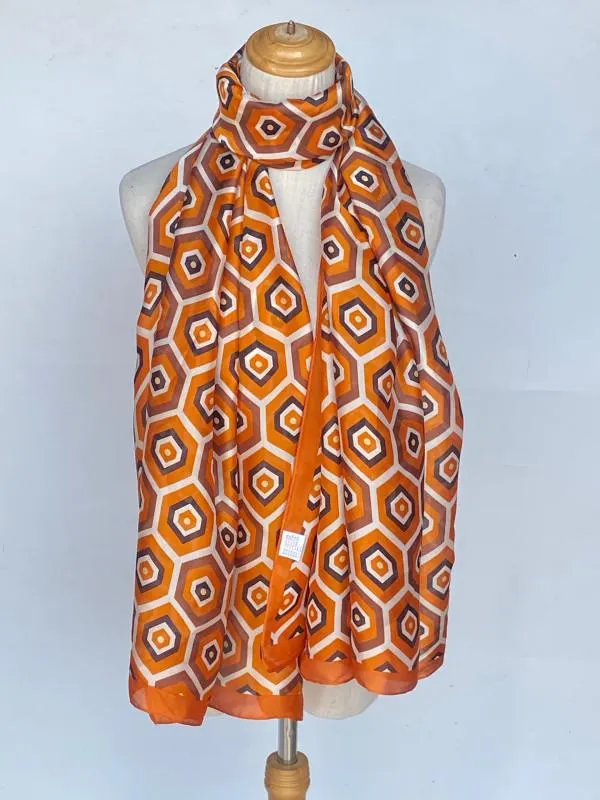 Esarfa dama orange figuri geometrice din vascoza si matase de vara