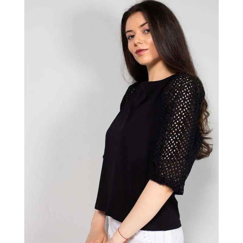 Bluza cu maneca trei sferturi si model perforat N240157026