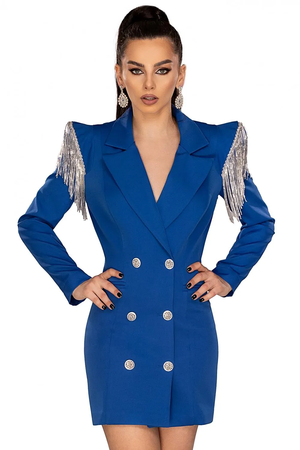 Rochie albastra tip sacou cu franjuri pe umeri