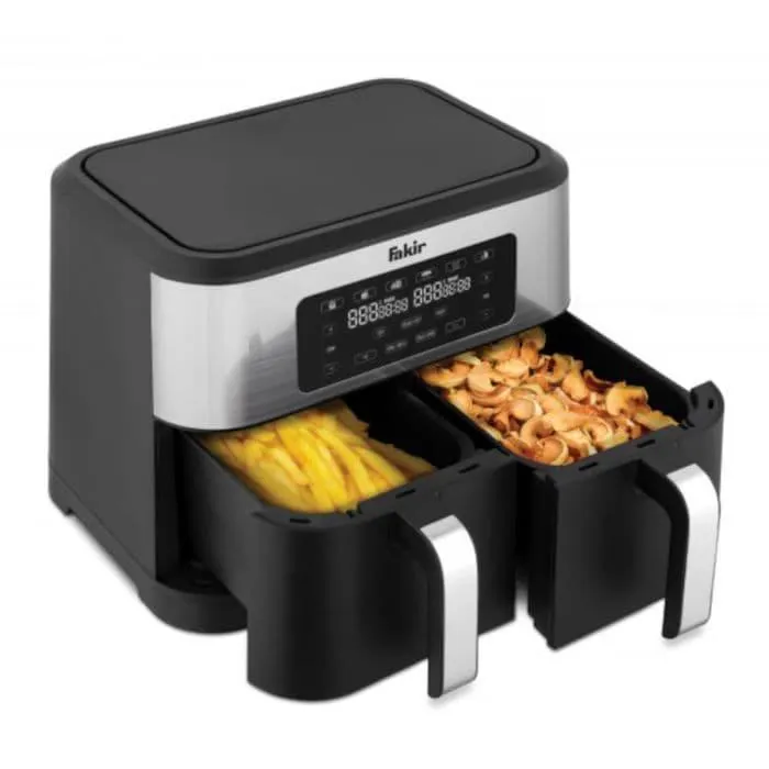 Airfryer Friteuza dubla cu aer cald, Fakir Premium Chefry 8,5L, Doua cosuri 4,25L+4,25L, 2400W, Ecran digital, 200 °C, 10 functii de gatire presetate (inclusiv deshidratare), Timer, Negru