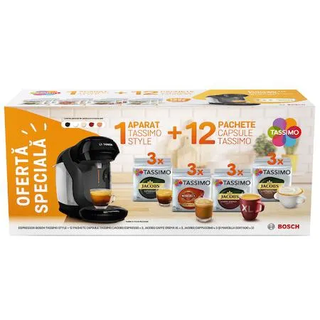 Pachet 12 cutii capsule cafea Tassimo Jacobs + Espressor Bosch Tassimo Style, diferite culori