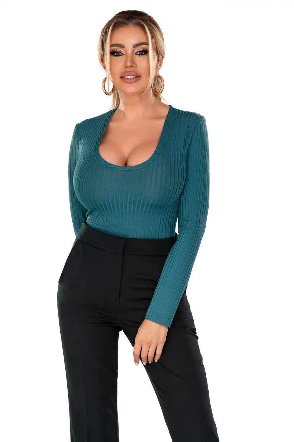 Bluza turcoaz casual cu maneca lunga