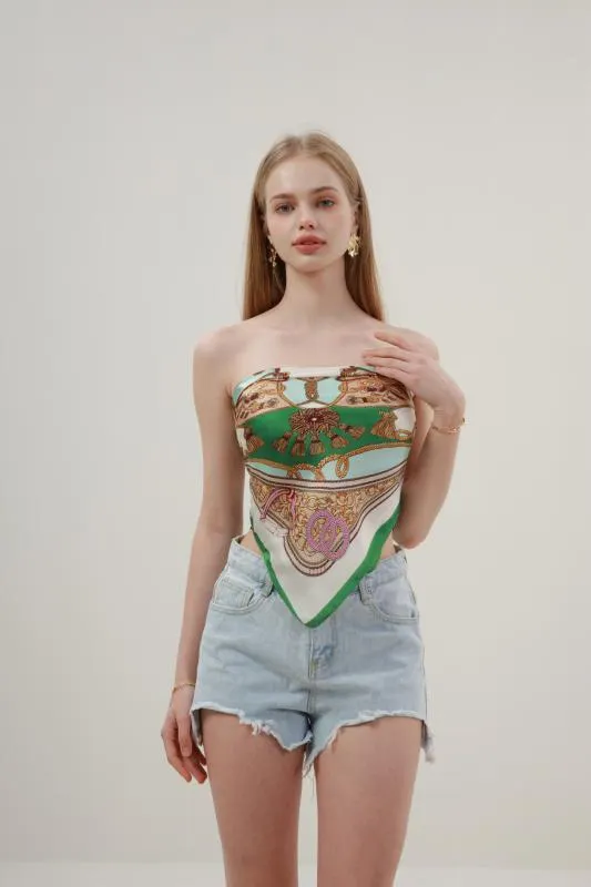 Esarfa dama verde patrata din vascoza cu ciucuri si lanturi