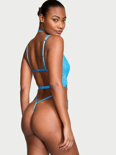 Piesă Teddy cu bretele, inele aplicate și dantelă cu motiv de trandafir pe gât