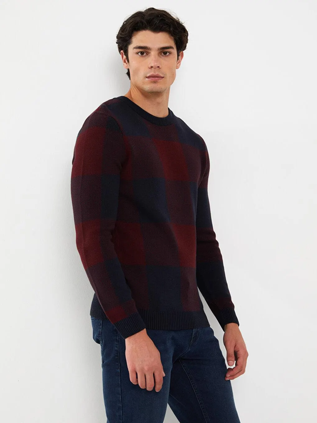 LCW Casual Pulover Tricotat Cu Mânecă Lungă, Cu Decolteu Rotund,Cu Model In Carouri,Pentru Bărbați