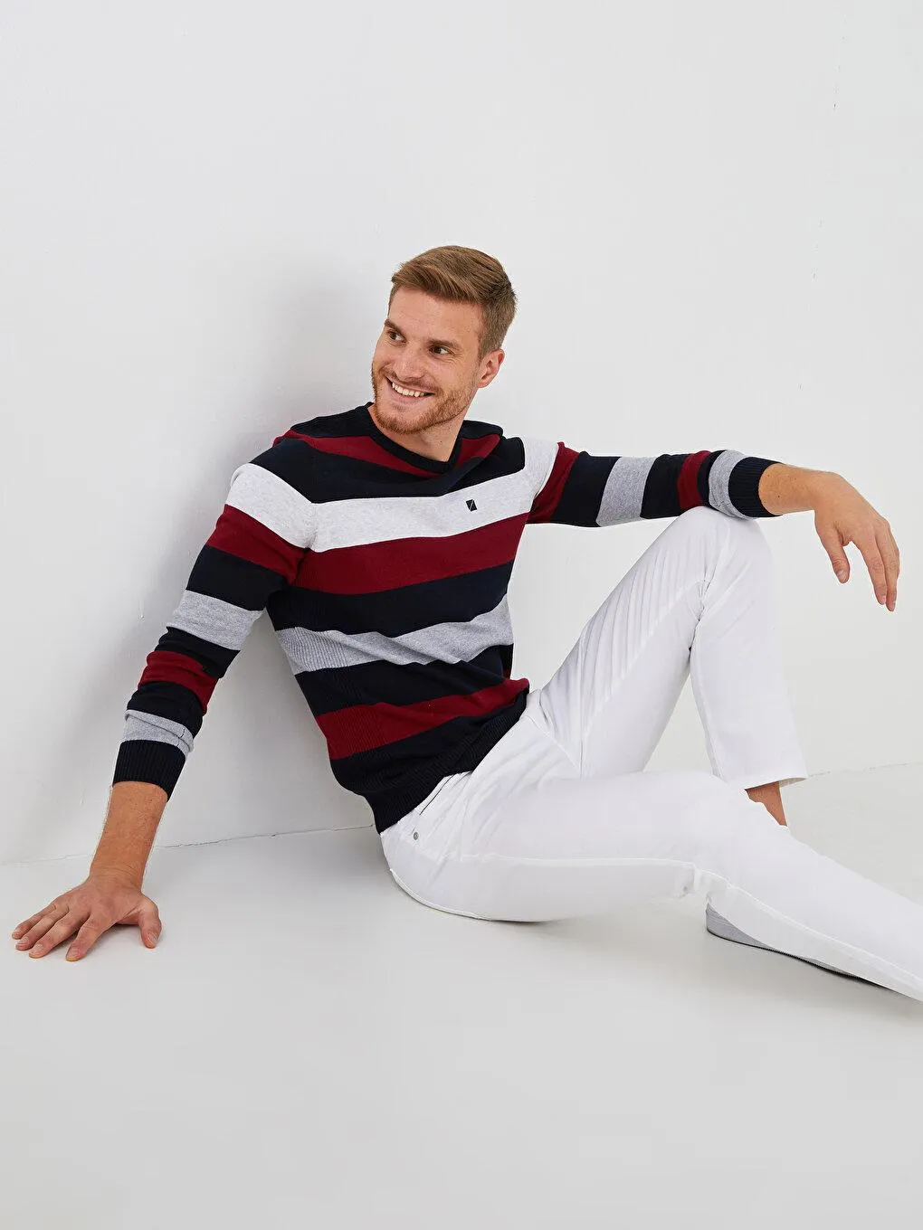 Pulover Tricotat,Cu Mânecă Lungă, Cu Decolteu Rotund In Dungi,Pentru Bărbați