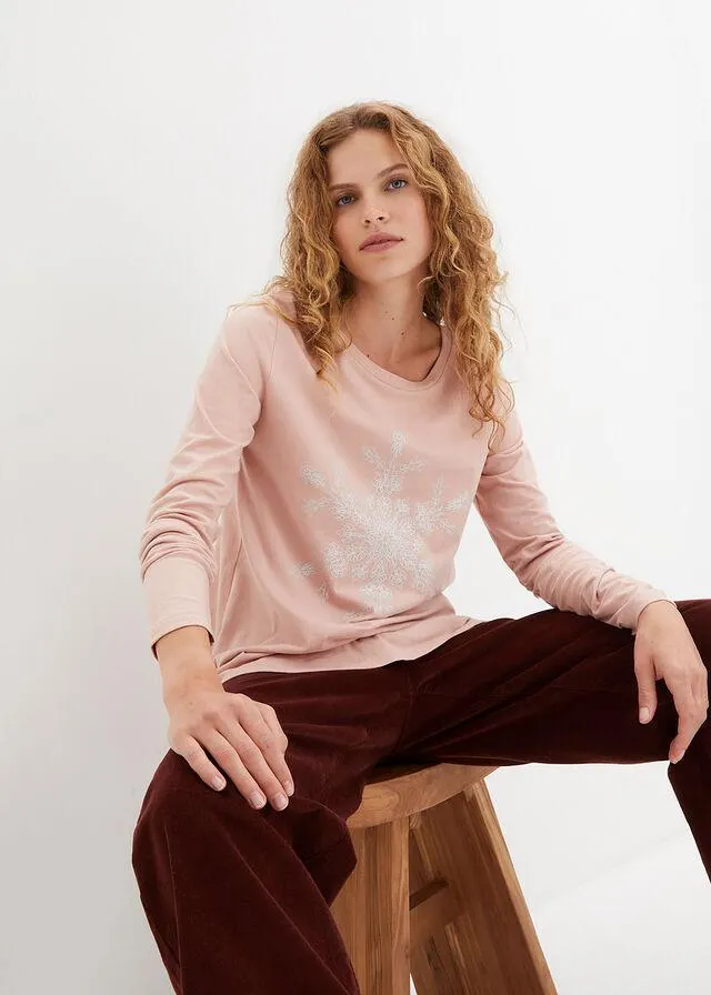 Bluză din bumbac cu print lucios cu fulgi nea