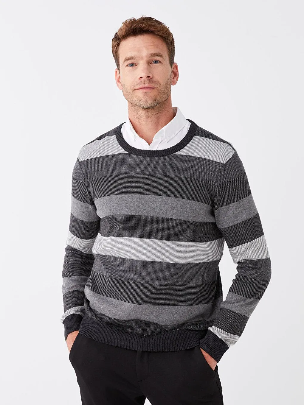 Pulover Tricotat,Cu Mânecă Lungă, Cu Decolteu Rotund In Dungi,Pentru Bărbați