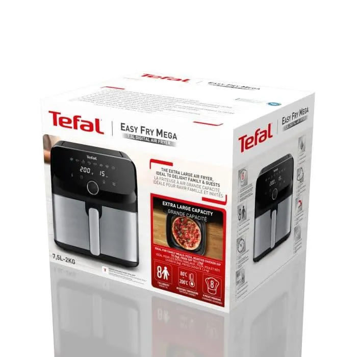 Friteuza cu aer cald Tefal Easy Fry Mega EY855D10, 2020 W, 7.5 l, 8 programe, Termostat reglabil, Timer, Oprire automata, Negru/Argintiu