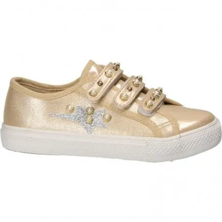 Pantofi trendy aurii, cu perle, pentru fete
