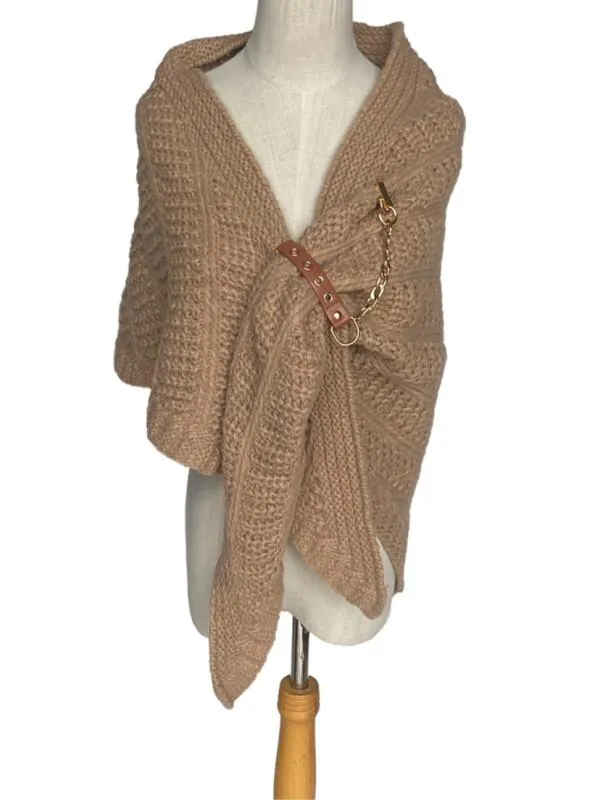 Esarfa sal cu accesoriu tricotat de toamna bej cu lana