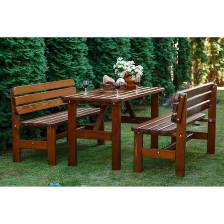 Set mobilier gradina/terasa Lux, masa 150 cm x 70 cm, 2 banci x 150 x 42 cm, lemn lacuit