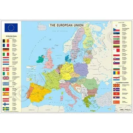 HARTA EUROPEI - UNIUNEA EUROPEANA MAGNETICA INRAMATA 120x160cm, rama aluminiu cu suport magnetic si agatatori, politica