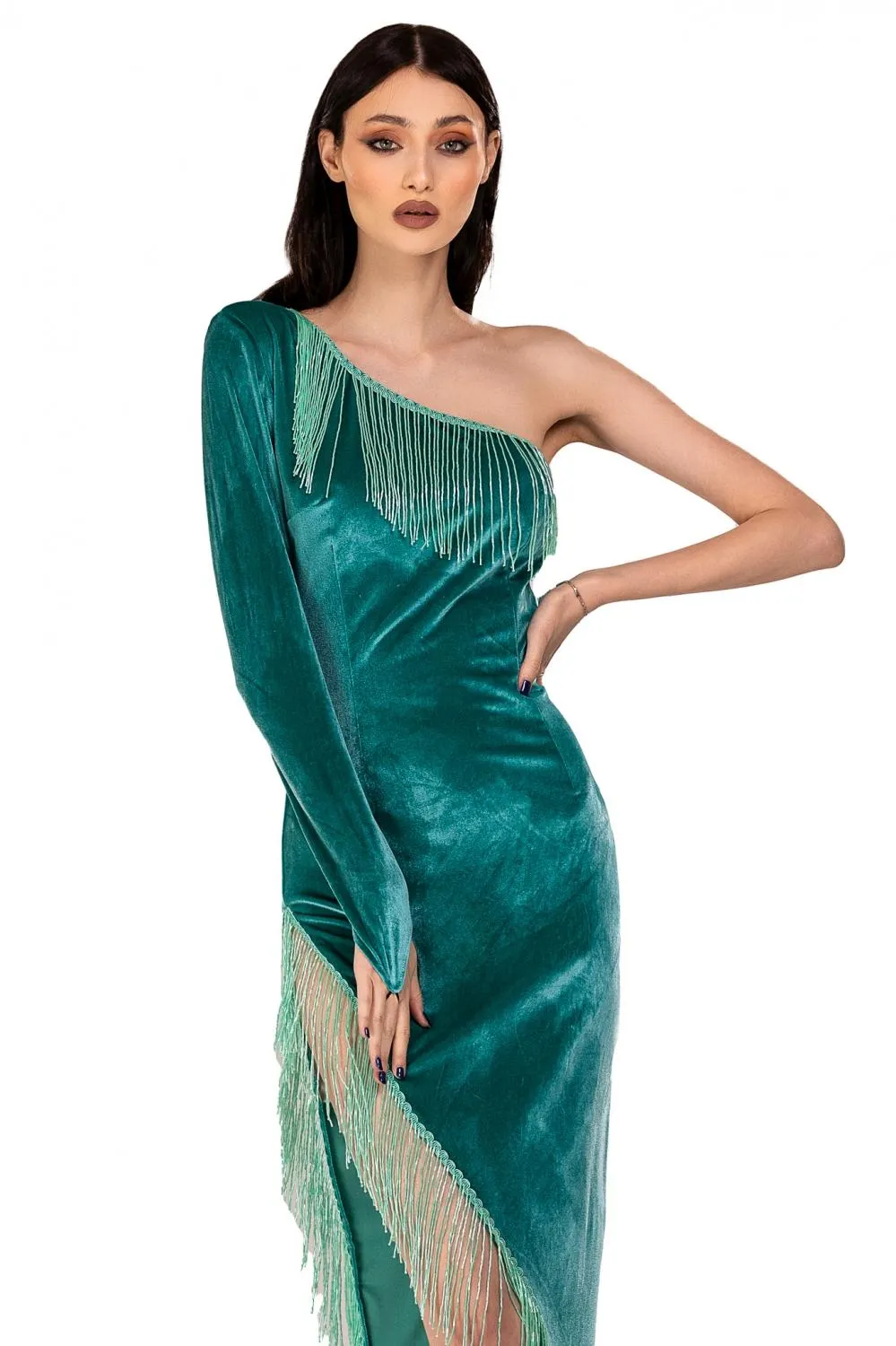 Rochie midi din catifea turcoaz cu franjuri