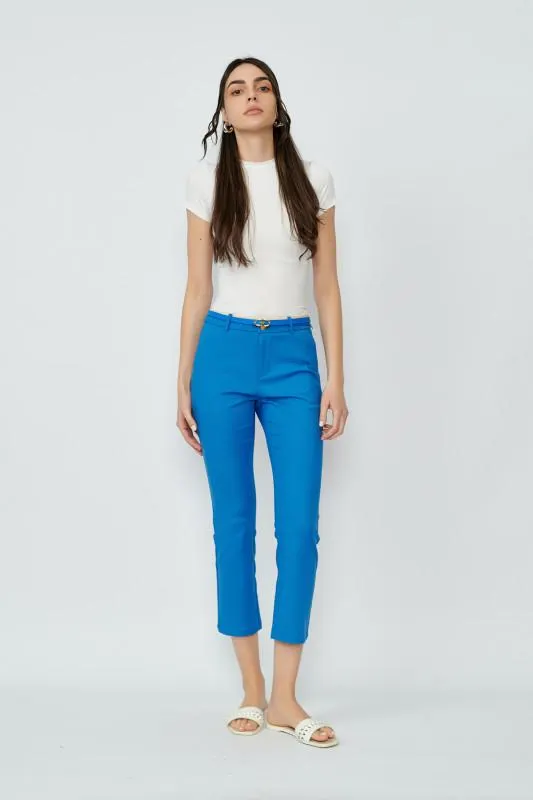 Pantaloni de dama stil tigara albastri cu curea