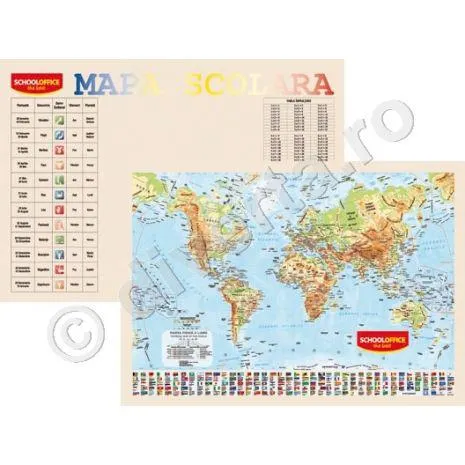 LUMEA FIZICA GEOGRAFICA SI POLITICA, harta de perete (fata)+TABLA INMULTIRII / IMPARTIRII / ZODIAC (verso), 40x60cm, laminata, baghete-PLANSA DUO 40x60 cm