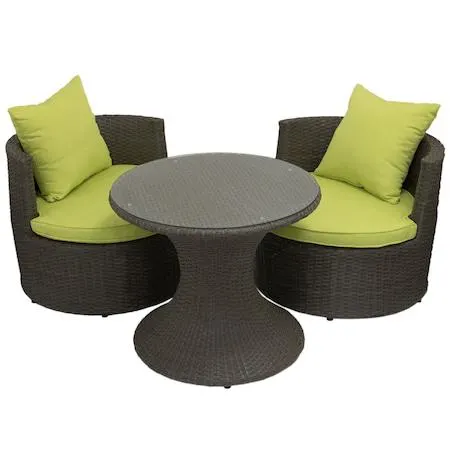 Set mobilier balcon/gradina/terasa Kring Duo, masa, 2 fotolii, ratan sintetic, maro si perne verzi