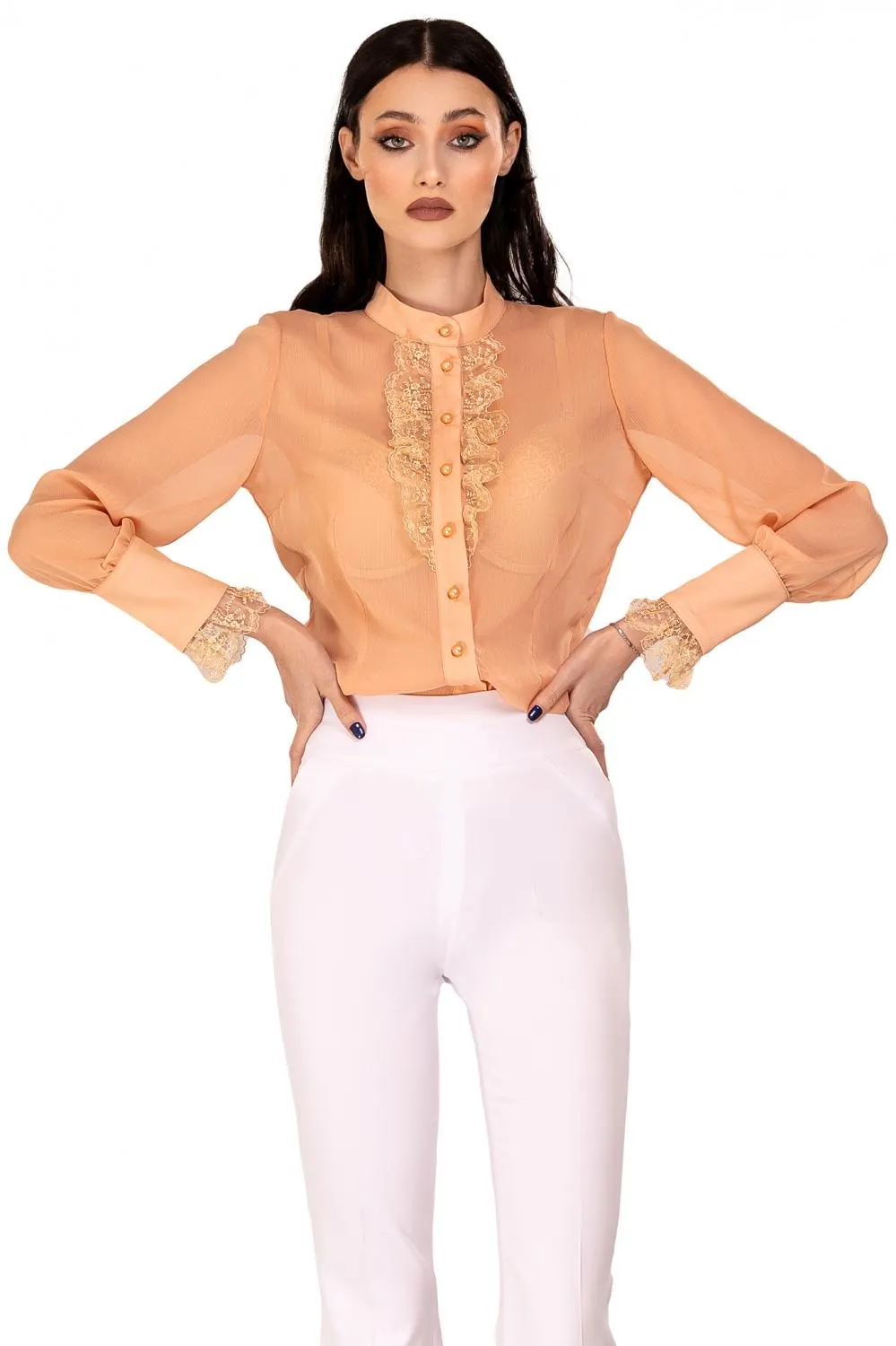 Camasa camel din voal cu broderie